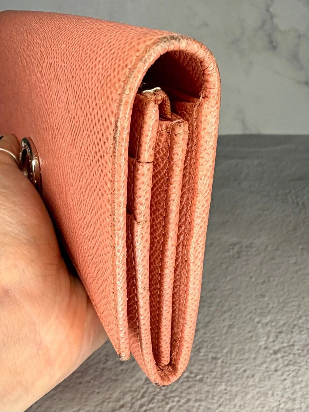 Bvlgari Coral Peach Leather Continental Wallet Signature Ring Clasp Full Set